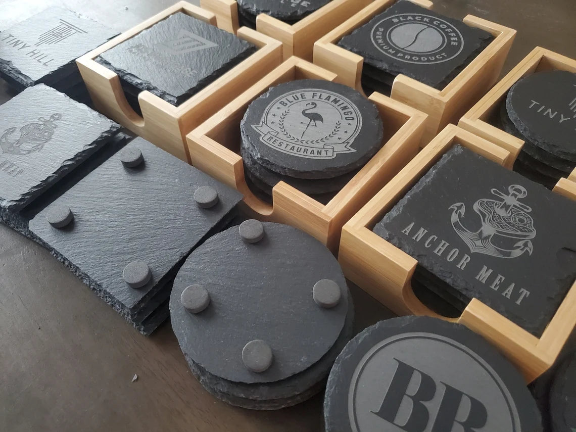 Set of 4 Custom Logo Slate Coasters with Bamboo Coaster Holder, Engraved Slate Coasters With Your Logo